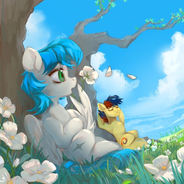 Size: 2048x2048 | Tagged: safe, artist:tingsan, derpibooru import, oc, oc:cynosura, oc:draconidsmxz, unofficial characters only, earth pony, pegasus, pony, duo, flower, image, jpeg, tree