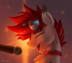 Size: 2274x2000 | Tagged: safe, artist:jedayskayvoker, derpibooru import, oc, unofficial characters only, pony, bust, collar, eyes closed, glasses, image, male, microphone, open mouth, png, portrait, singing, solo, spotlight