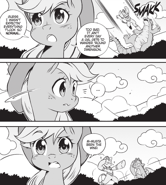 Size: 1751x1953 | Tagged: safe, artist:nekoshiei, derpibooru import, applejack, spike, earth pony, my little pony: the manga, spoiler:manga3, cloud, double take, female, freckles, godzilla, image, monochrome, my little pony: the manga volume 3, png, spikezilla, tokusatsu, ultraman