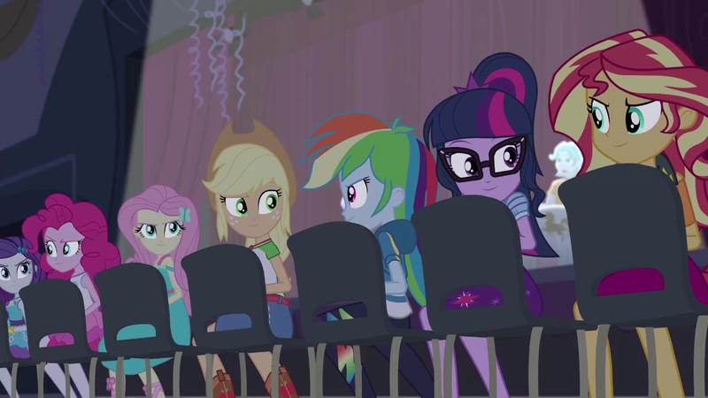 Size: 1280x720 | Tagged: safe, derpibooru import, screencap, applejack, fluttershy, pinkie pie, rainbow dash, rarity, sci-twi, sunset shimmer, twilight sparkle, cheer you on, equestria girls, equestria girls series, spoiler:eqg series (season 2), applejack's hat, boots, bracelet, chair, clothes, confident, cowboy boots, cowboy hat, cutie mark, cutie mark on clothes, denim skirt, fluttershy boho dress, geode of fauna, geode of shielding, geode of sugar bombs, geode of super strength, hairpin, hat, hoodie, humane five, humane seven, humane six, image, jacket, jewelry, leather, leather jacket, looking at each other, looking back, magical geodes, necklace, png, ponytail, rarity peplum dress, shoes, shoulderless shirt, skirt, sleeveless, stetson, tanktop