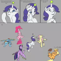 Size: 4096x4096 | Tagged: safe, artist:eqlipse, derpibooru import, applejack, fluttershy, pinkie pie, rainbow dash, rarity, twilight sparkle, pony, ball, comic, female, funny, g5, hornball, humor, image, laughing, mane six, mare, no, png, ponies balancing stuff on their nose, question mark, starry eyes, tennis ball, wingding eyes