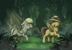Size: 1200x840 | Tagged: safe, alternate version, artist:28gooddays, derpibooru import, daring do, derpy hooves, pegasus, pony, blank flank, duo, female, filly, filly daring do, filly derpy, forest, hat, image, pith helmet, png, scared, tree, updated, walking, younger
