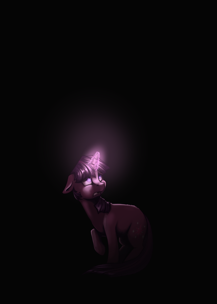 Size: 1429x2000 | Tagged: safe, alternate version, artist:28gooddays, derpibooru import, twilight sparkle, pony, unicorn, dark, female, floppy ears, glowing horn, horn, image, magic, png, scared, shrunken pupils, simple background, solo, updated