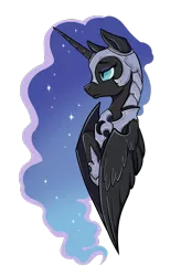 Size: 591x900 | Tagged: safe, alternate version, artist:28gooddays, derpibooru import, nightmare moon, alicorn, pony, bust, female, image, png, portrait, simple background, solo, transparent background, updated