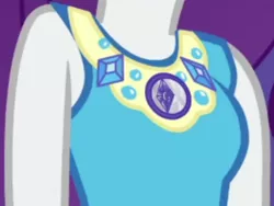 Size: 2550x1920 | Tagged: safe, derpibooru import, screencap, rarity, camping must-haves, equestria girls, equestria girls series, spoiler:eqg series (season 2), boobshot, breasts, clothes, cropped, cutie mark, cutie mark on clothes, female, geode of shielding, image, jpeg, magical geodes, pictures of chests, rarity peplum dress, sleeveless, solo, solo female
