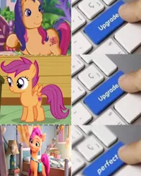 Size: 775x968 | Tagged: safe, derpibooru import, scootaloo, scootaloo (g3), sunny starscout, earth pony, g5, spoiler:g5, g3, g4, image, jpeg, meme, my little pony, perfect, upgrade meme, wrong aspect ratio