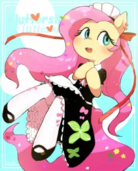 Size: 1284x1590 | Tagged: safe, artist:nendo, derpibooru import, fluttershy, semi-anthro, abstract background, clothes, female, flower, flower in hair, fluttermaid, heart, image, jpeg, maid, maid headdress, open mouth, ribbon, shoes, socks, solo, stockings, thigh highs