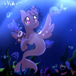 Size: 2024x2024 | Tagged: safe, artist:auroracursed, derpibooru import, oc, unofficial characters only, alicorn, fish, pony, seapony (g4), bubble, crepuscular rays, deviantart watermark, eyelashes, fish tail, flowing mane, flowing tail, horn, image, jpeg, obtrusive watermark, ocean, purple eyes, seaponified, seaweed, smiling, solo, species swap, sunlight, tail, underwater, water, watermark, wings