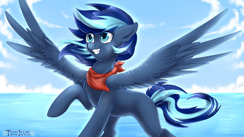 Size: 1280x720 | Tagged: safe, artist:tokokami, derpibooru import, oc, unofficial characters only, pegasus, pony, blue eyes, clothes, cloud, commission, eyelashes, flowing mane, flowing tail, image, jpeg, ocean, scarf, sky, smiling, solo, spread wings, sunlight, tail, teeth, water, wings