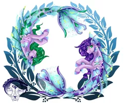 Size: 1280x1073 | Tagged: safe, artist:volvom, derpibooru import, oc, unofficial characters only, mermaid, seapony (g4), bubble, clothes, dorsal fin, eyelashes, fins, fish tail, flowing mane, flowing tail, green eyes, image, jpeg, logo, looking at you, purple eyes, seaweed, see-through, simple background, smiling, swimming, tail, white background, wings, zodiac