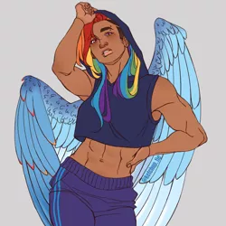 Size: 3000x3000 | Tagged: safe, artist:rdstartie, derpibooru import, rainbow dash, human, abs, alternate hairstyle, belly button, clothes, ear piercing, earring, eyebrow piercing, gray background, grin, hoodie, humanized, image, jewelry, lip piercing, midriff, nonbinary, pants, piercing, png, simple background, sleeveless, sleeveless hoodie, smiling, solo, sweatpants, winged humanization, wings