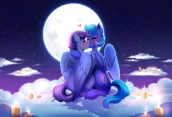 Size: 4000x2730 | Tagged: safe, artist:confetticakez, deleted from derpibooru, derpibooru import, oc, oc:noxy, oc:windy dripper, unofficial characters only, pegasus, pony, blushing, candle, cloud, commission, cute, eyes closed, fire, folded wings, gay, heart, hoof hold, image, kissing, male, moon, night, night sky, noxydrip, oc x oc, outdoors, png, romantic, shipping, sitting, sky, stallion, stars, watermarkless, wings