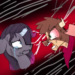 Size: 1096x1096 | Tagged: safe, artist:redahfuhrerking, derpibooru import, arizona cow, oleander (tfh), classical unicorn, unicorn, them's fightin' herds, angry, bloodshot eyes, broken horn, cloven hooves, community related, crying, horn, image, leonine tail, png, unshorn fetlocks