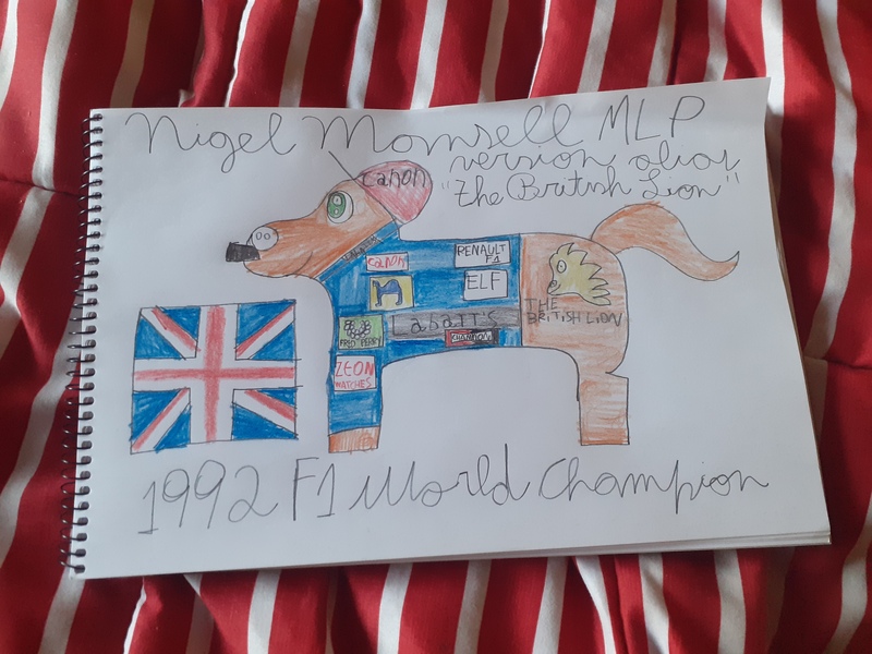 Size: 4128x3096 | Tagged: safe, artist:super-coyote1804, derpibooru import, formula 1, great britain, image, jpeg, nigel mansell, photo, solo, the british lion, traditional art, united kingdom