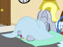 Size: 2000x1500 | Tagged: safe, artist:nitei, derpibooru import, derpy hooves, pegasus, pony, bed, blanket, clock, crouching, cute, dresser, face down ass up, hiding, image, lamp, laundry, laundry basket, open mouth, pillow, png, smiling, solo