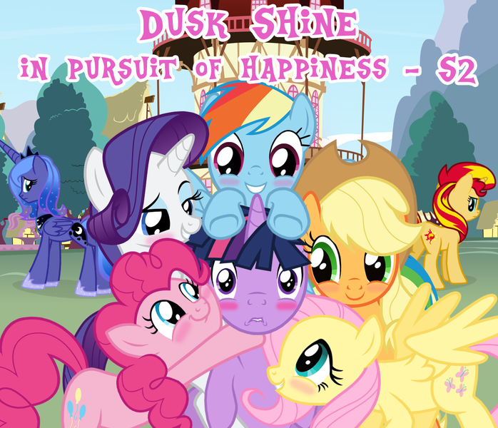 Size: 1280x1100 | Tagged: safe, artist:bigsnusnu, derpibooru import, applejack, fluttershy, pinkie pie, princess luna, rainbow dash, rarity, sunset shimmer, twilight sparkle, alicorn, earth pony, pegasus, unicorn, comic:dusk shine in pursuit of happiness, blushing, cover art, dusk shine, half r63 shipping, harem, house, hug, image, mane six, mountain, png, rule 63, shipping, show accurate, town hall, tree