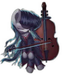Size: 1821x2195 | Tagged: safe, artist:vultraz, derpibooru import, octavia melody, earth pony, pony, /mlp/, bipedal, cello, drawthread, eyes closed, female, identity v, image, looking down, mare, messy mane, musical instrument, png, prehensile mane, simple background, solo, transparent background