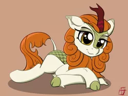 Size: 1500x1125 | Tagged: safe, artist:naen, derpibooru import, autumn blaze, kirin, awwtumn blaze, cute, female, image, lying down, png, simple background, simple shading, solo