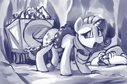 Size: 3036x2000 | Tagged: safe, artist:dimfann, derpibooru import, fido, rarity, diamond dog, pony, unicorn, a dog and pony show, cart, frown, gem, harness, image, jpeg, monochrome, tack