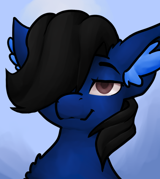 Size: 1176x1309 | Tagged: safe, artist:skyblazeart, derpibooru import, oc, oc:union jack, earth pony, pony, black mane, blue background, blue fur, brown eyes, bust, chest fluff, ear fluff, gradient background, happy, image, male, png, request, simple background, solo, stallion