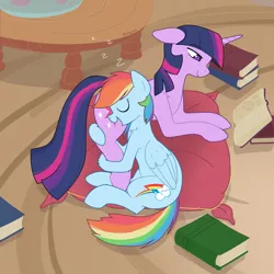 Size: 2388x2388 | Tagged: safe, artist:celysus, derpibooru import, rainbow dash, twilight sparkle, pegasus, pony, unicorn, book, butt pillow, cushion, female, golden oaks library, hug, hugging leg, image, lesbian, library, onomatopoeia, pillow, png, reading, runes, shipping, sleeping, snuggling, sound effects, twidash, unicorn twilight, zzz