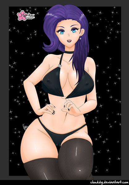 Size: 1235x1775 | Tagged: suggestive, alternate version, artist:clouddg, derpibooru import, rarity, human, belly button, breasts, busty rarity, clothes, humanized, image, nipples, nudity, png, socks, stockings, thigh highs