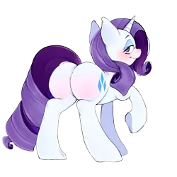 Size: 2560x2560 | Tagged: suggestive, artist:kattrilogy, deleted from derpibooru, derpibooru import, rarity, pony, unicorn, bedroom eyes, butt, high res, image, looking at you, looking back, looking back at you, my little pony, plot, png, raised hoof, rear view, rearity, simple background, smiling, solo, transparent background, wrong eye color