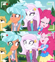 Size: 1357x1531 | Tagged: safe, derpibooru import, screencap, fleur-de-lis, frosty orange, pinkie pie, snails, equestria girls, equestria girls series, five lines you need to stand in, spoiler:eqg series (season 2), camera shot, desperation, female, image, need to pee, omorashi, png, potty emergency, potty time