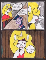 Size: 2507x3277 | Tagged: safe, artist:oatmeal155, derpibooru import, twilight sparkle, oc, oc:setting day, pony, unicorn, comic:oat.meal, comic, dialogue, ever emerald manor, female, image, jpeg, makeup, mare, railing, traditional art, unicorn twilight