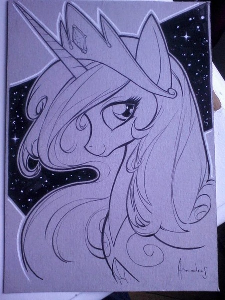 Size: 720x960 | Tagged: safe, artist:andres ponce, derpibooru import, princess celestia, alicorn, bust, image, jpeg, lineart, monochrome, portrait, solo, traditional art