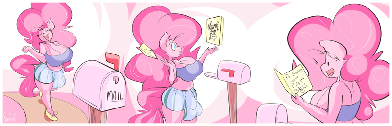 Size: 1800x583 | Tagged: questionable, artist:sanders, derpibooru import, pinkie pie, anthro, earth pony, plantigrade anthro, bait and switch, balls, big breasts, breasts, busty pinkie pie, cleavage, crotch bulge, erection, eyes closed, futa, futa pinkie pie, happy, huge breasts, image, intersex, letter, mailbox, nudity, penis, png, shocked, solo, solo futa