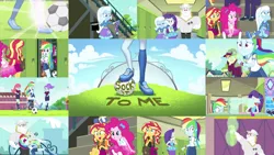 Size: 1280x721 | Tagged: safe, derpibooru import, edit, edited screencap, editor:quoterific, screencap, bulk biceps, pinkie pie, rainbow dash, rarity, sunset shimmer, trixie, equestria girls, equestria girls series, sock it to me, sock it to me: bulk biceps, spoiler:eqg series (season 2), clothes, crossed arms, geode of empathy, geode of shielding, geode of sugar bombs, hallway, hands behind back, image, jewelry, jpeg, lockers, magical geodes, necklace, nose in the air, rarity's glasses, running, shoes, soccer ball (object), soccer field, soccer shoes, sock it to me: rarity, sock it to me: trixie, socks