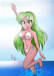 Size: 2592x3619 | Tagged: suggestive, artist:danielitamlp, derpibooru import, lemon zest, equestria girls, belly button, big breasts, bikini, breasts, busty lemon zest, cleavage, clothes, eyeshadow, feet, female, hair over one eye, image, jpeg, looking at you, makeup, ocean, open mouth, raised leg, smiling, solo, solo female, swimsuit, water, waving