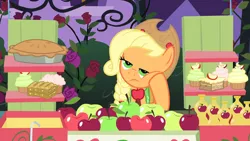 Size: 1920x1080 | Tagged: safe, derpibooru import, screencap, applejack, earth pony, pony, the best night ever, alone, alternate hairstyle, angry, clothes, cupcake, cutie, dress, drink, faic, fanservice, female, flower, food, fritter, gala dress, grand galloping gala, green eyes, hat, hero, hoof on cheek, image, job, juice, lonely, mare, orange fur, pie, png, sale, solo, treats, unamused, vendor, working, yellow mane