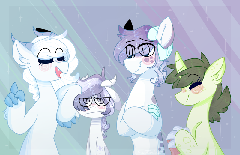 Size: 1400x905 | Tagged: safe, artist:sugarysharky, derpibooru import, oc, oc:dewdrop, oc:eclair, oc:eliaser, oc:lapis, unofficial characters only, dracony, hybrid, eye clipping through hair, eyes closed, height difference, image, interdimensional siblings, interspecies offspring, offspring, parent:rarity, parent:spike, parents:sparity, png, siblings