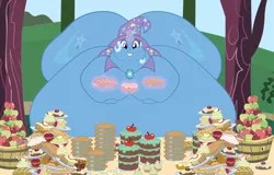 Size: 1989x1271 | Tagged: artist needed, safe, deleted from derpibooru, derpibooru import, trixie, pony, unicorn, apple, apple fritter (food), belly, big belly, butt, chubby cheeks, cinnamon bun, cupcake, double chin, fat, female, food, glowing horn, gluttony, horn, huge belly, huge butt, image, immobile, impossibly large belly, impossibly large butt, jpeg, large butt, magic, mare, morbidly obese, obese, pie, smiling, solo, the great and bountiful trixie, the great and powerful ass