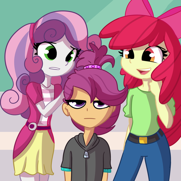 Size: 3000x3000 | Tagged: safe, artist:tjpones, derpibooru import, apple bloom, scootaloo, sweetie belle, equestria girls, bad hair, bad hair day, cutie mark crusaders, female, hair styling, image, png, scootaloo is not amused, trio, unamused