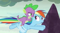 Size: 1920x1080 | Tagged: safe, derpibooru import, screencap, rainbow dash, spike, dragon, pegasus, pony, shadow play, dragons riding ponies, duo, female, flying, image, lidded eyes, looking at each other, male, mare, png, riding