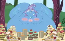 Size: 1989x1271 | Tagged: artist needed, source needed, safe, derpibooru import, trixie, apple, apple farm, belly, big belly, butt, cake, double chin, fat, fattening, food, fritter, gluttony, grin, horn, huge belly, huge butt, image, immobile, impossibly fat, impossibly large belly, impossibly large butt, impossibly obese, jpeg, large butt, morbidly obese, obese, pastry, pie, rolls of fat, smiling, solo, the great and bountiful trixie, the great and powerful ass, this will not end well, weight gain