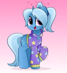 Size: 3714x4096 | Tagged: safe, artist:kittyrosie, derpibooru import, trixie, unicorn, alternate hairstyle, alternate universe, babysitter trixie, blushing, clothes, cute, diatrixes, gradient background, hoodie, image, jpeg, open mouth, pigtails