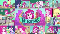 Size: 1280x721 | Tagged: safe, derpibooru import, edit, edited screencap, editor:quoterific, screencap, angel bunny, applejack, fluttershy, pinkie pie, sci-twi, twilight sparkle, rabbit, equestria girls, equestria girls series, tip toppings, tip toppings: applejack, tip toppings: fluttershy, tip toppings: twilight sparkle, spoiler:eqg series (season 2), animal, applejack's hat, belt, boots, bowtie, clothes, cowboy boots, cowboy hat, crossed arms, cute, cutie mark, cutie mark on clothes, denim skirt, diapinkes, eyes closed, food, geode of fauna, geode of sugar bombs, geode of super strength, geode of telekinesis, glasses, hairpin, hat, image, jewelry, laughing, magical geodes, necklace, png, ponytail, shoes, skirt, smiling, tanktop, yogurt