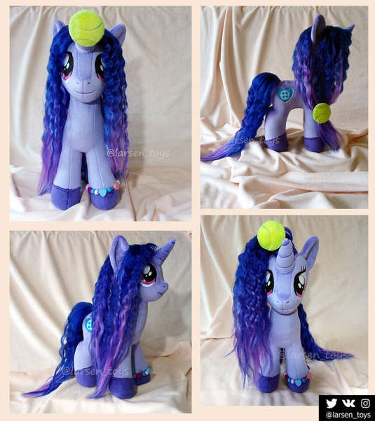 Size: 1300x1457 | Tagged: safe, artist:larsen toys, derpibooru import, izzy moonbow, original species, plush pony, pony, unicorn, auction open, ball, forsale, g5, image, izzy's tennis ball, jpeg, photo, plushie, realistic, solo, tennis ball