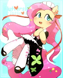 Size: 1284x1590 | Tagged: safe, artist:nendo, derpibooru import, fluttershy, semi-anthro, abstract background, clothes, female, flower, flower in hair, fluttermaid, heart, image, maid, maid headdress, open mouth, png, ribbon, shoes, socks, solo, stockings, thigh highs