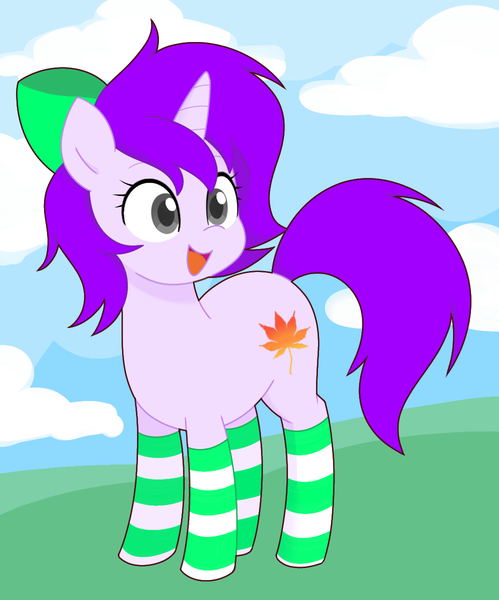 Size: 998x1200 | Tagged: safe, artist:ch-chau, derpibooru import, oc, oc:mable syrup, unofficial characters only, pony, unicorn, blind, bow, clothes, cloud, grass, happy, image, leaf, png, purple hair, socks, solo, striped socks