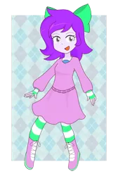 Size: 804x1200 | Tagged: safe, artist:ch-chau, derpibooru import, oc, oc:mable syrup, unofficial characters only, human, equestria girls, bow, clothes, deaf, dress, happy, humanized, image, platform boots, platform shoes, png, purple hair, simple background, socks, solo, striped socks, transparent background