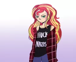 Size: 2000x1642 | Tagged: safe, anonymous editor, artist:little-tweenframes, banned from derpibooru, edit, unauthorized edit, sunset shimmer, human, equestria girls, angry, clothes, derpibooru dnp artist, female, flannel, gradient background, humanized, image, jeans, mouthpiece, pants, png, politics, pro-nazism, shirt, solo, t-shirt, vulgar