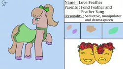 Size: 1280x720 | Tagged: safe, artist:schumette14, derpibooru import, oc, oc:love feather, earth pony, image, jpeg, next generation, offspring, parent:feather bangs, parent:fond feather, parents:featherfond, parents:fondbangs