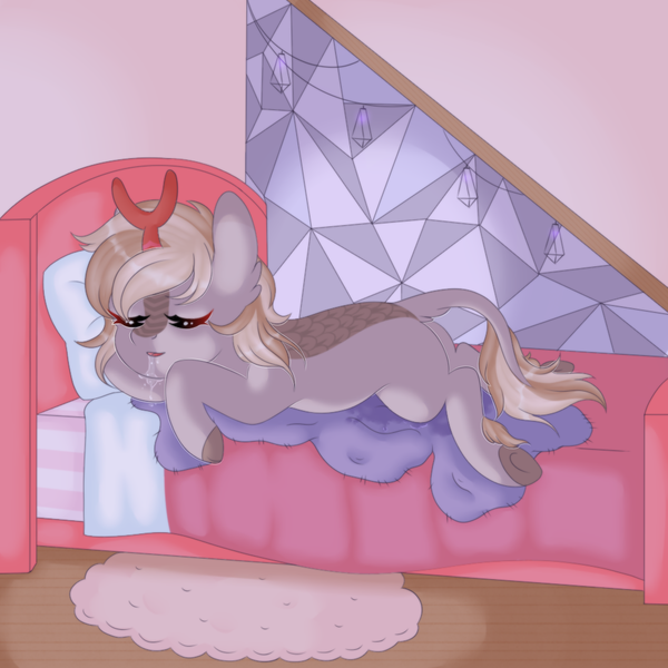 Size: 1000x1000 | Tagged: suggestive, artist:veincchi, derpibooru import, kirin oc, oc, unofficial characters only, kirin, accident, bed, bedroom, bedwetting, blanket, drool, eyes closed, female, image, indoors, pillow, pissing, png, sleeping, solo, urine, wet spot, wetting