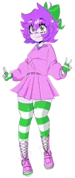 Size: 812x1907 | Tagged: safe, artist:bluewolfiess, derpibooru import, oc, oc:mable syrup, unofficial characters only, human, equestria girls, bow, clothes, deaf, dress, humanized, image, peace sign, platform boots, platform shoes, png, purple hair, simple background, socks, solo, striped socks, transparent background