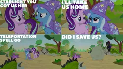Size: 1280x720 | Tagged: safe, derpibooru import, edit, edited screencap, editor:quoterific, screencap, pharynx, starlight glimmer, trixie, changeling, pony, unicorn, to change a changeling, bag, cape, clothes, duo, duo female, eyes closed, female, flying, glowing horn, hat, horn, image, magic, magic aura, male, open mouth, png, purple changeling, solo, solo male, teleportation, trixie's cape, trixie's hat